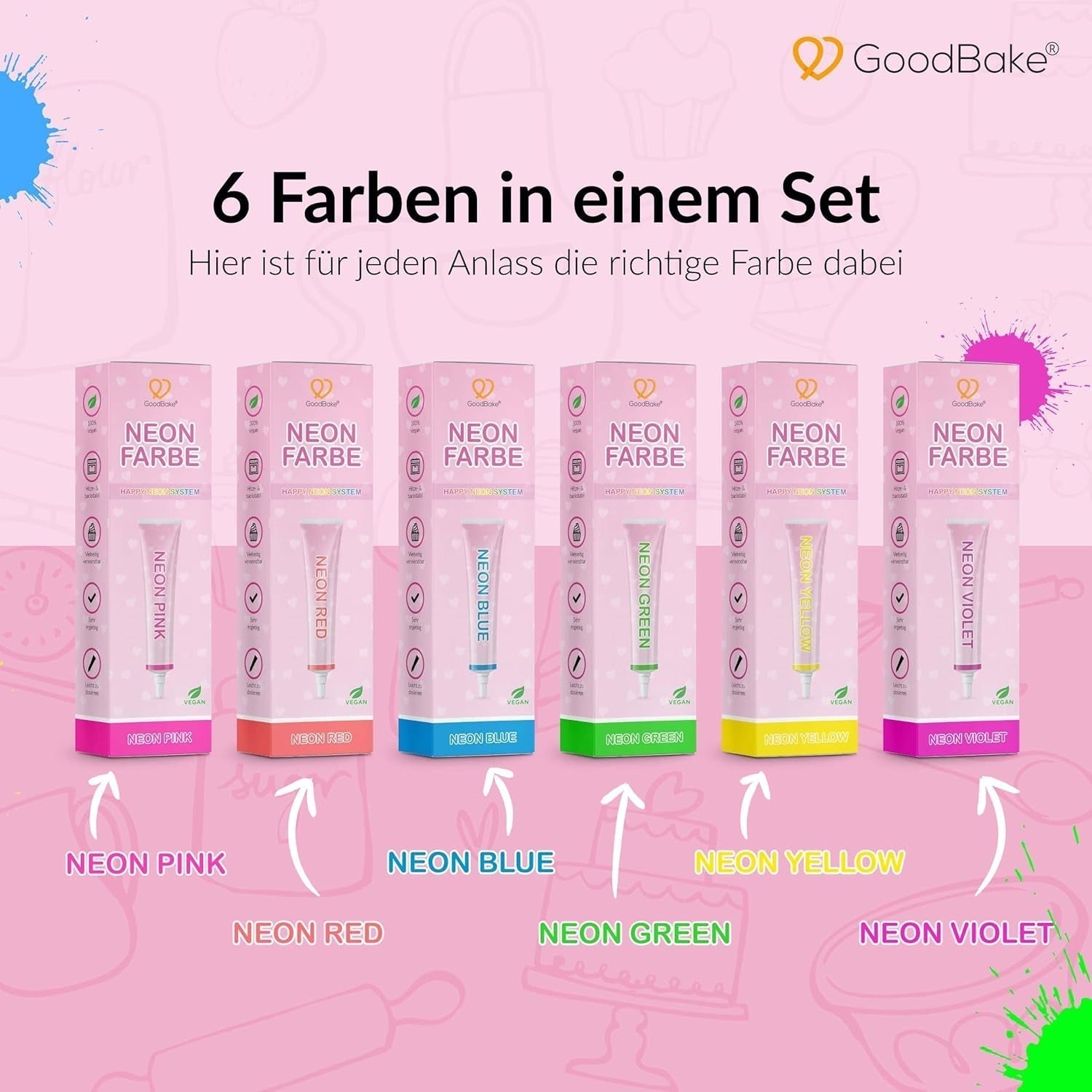 Goodbake Neonlebensmittelfarben 6 Farben Set – Intensywny Lebensmittelfarbe – Lebensmittelfarbpaste – Zum Einfärben Von Torten, Fondant, Buttercreme Uvm. – 100% wegański sklep Naty