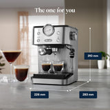 De'Longhi Classic EM450.M ekspres do kawy z kolbą, profesjonalnym spieniaczem do mleka, w całości z metalu, 15 barów, zbiornik na wodę 1,7 l, stal nierdzewna/metal