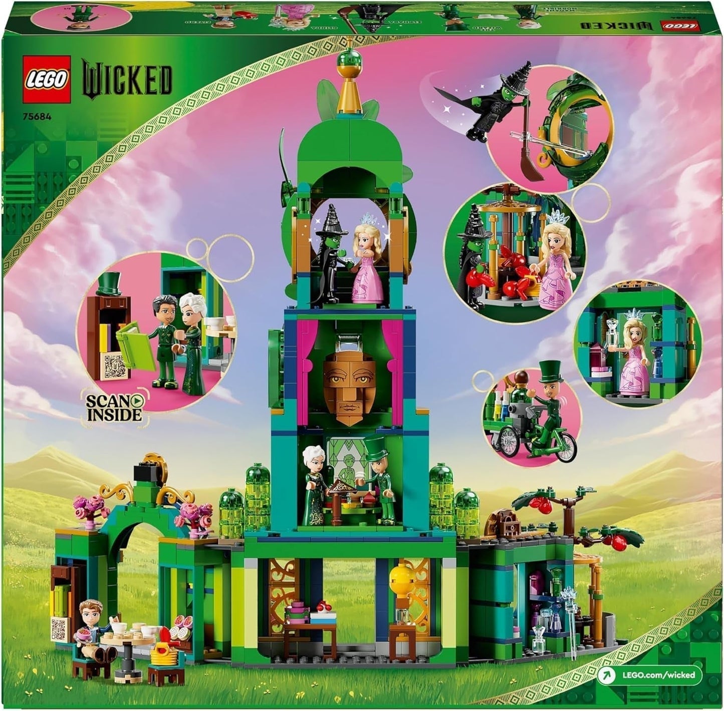 LEGO Wicked Wieża Witamy w Szmaragdowym Mieście, minilaleczki Glinda i Elphaba, prezent dla fanów filmu oraz dziewcząt i chłopców od 9. roku życia, którzy uwielbiają domki dla lalek 75684 Zestawy do budowania Besuche den LEGO-Store