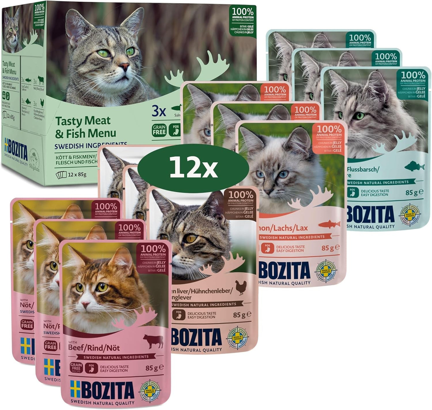 Bozita Mokra karma w galarecie z rybą i mięsem - 12 saszetek x 85g, karma dla kotów bez zbóż i pszenicy - Mokra karma dla dorosłych kotów o zawartości białka 8,5% i tłuszczu 4,5%
