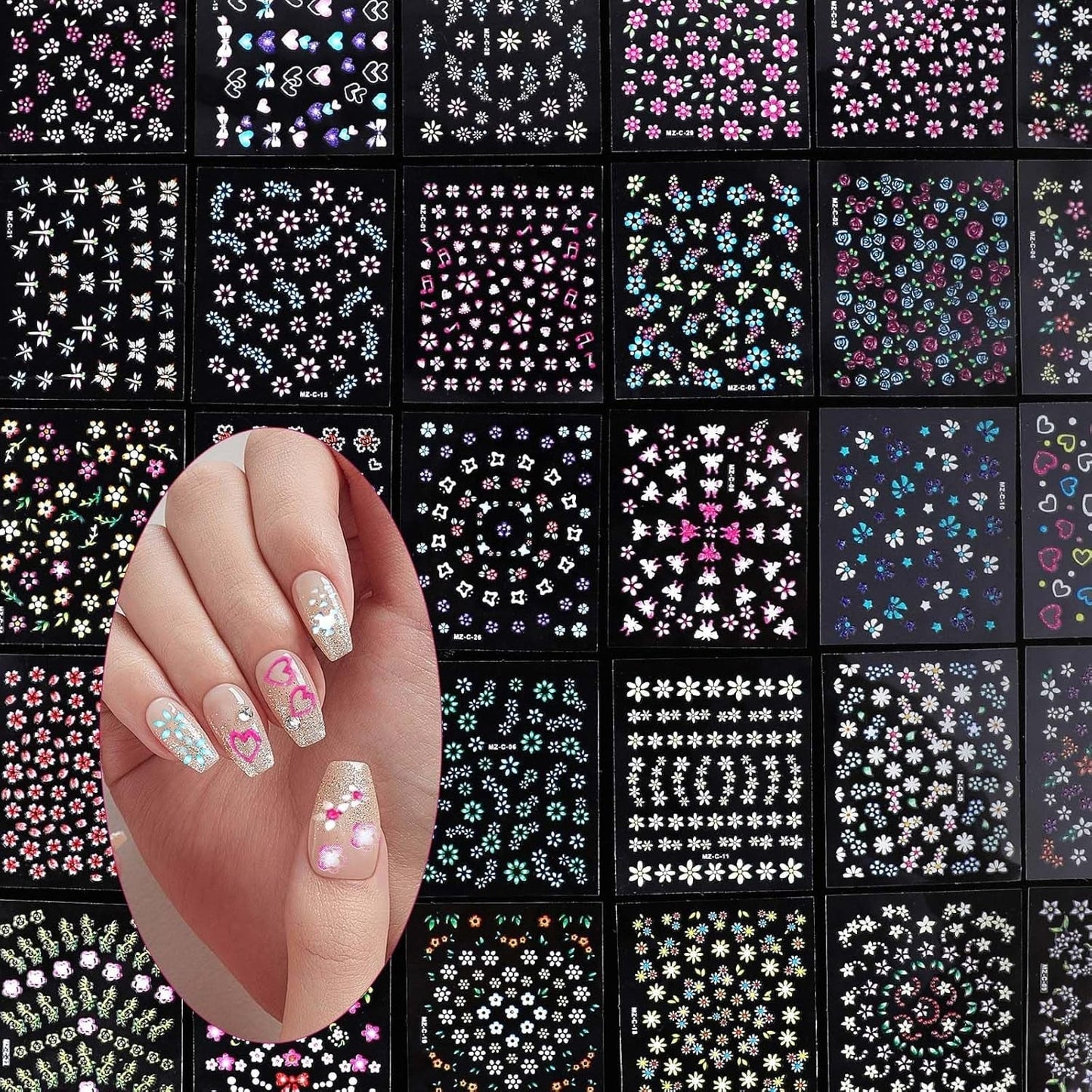 3D Nagelsticker 30 Blatt Nagelsticker Selbstklebend Blumen Blumenherzform Nageldesign Naklejka na paznokcie Nageldesign Zubehör Nagelaufkleber Für DIY Dekorationen, Maniküre, Handyhüllen