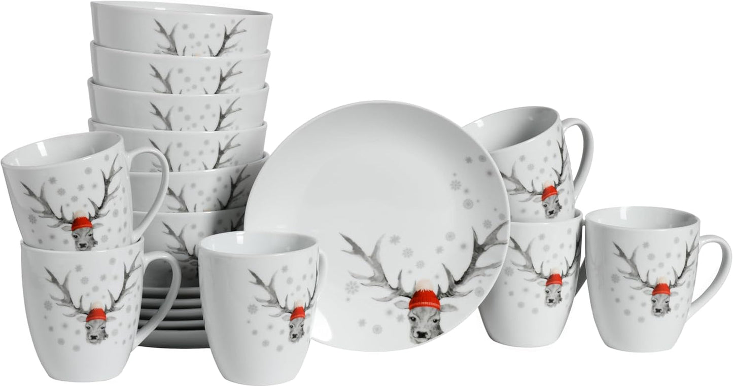 CreaTable, 21498, seria Luna Hirsch, 18-częściowy zestaw naczyń obiadowych dla 6 osób, porcelanowy zestaw śniadaniowy, można myć w zmywarce i używać w kuchence mikrofalowej, jakość produkcji