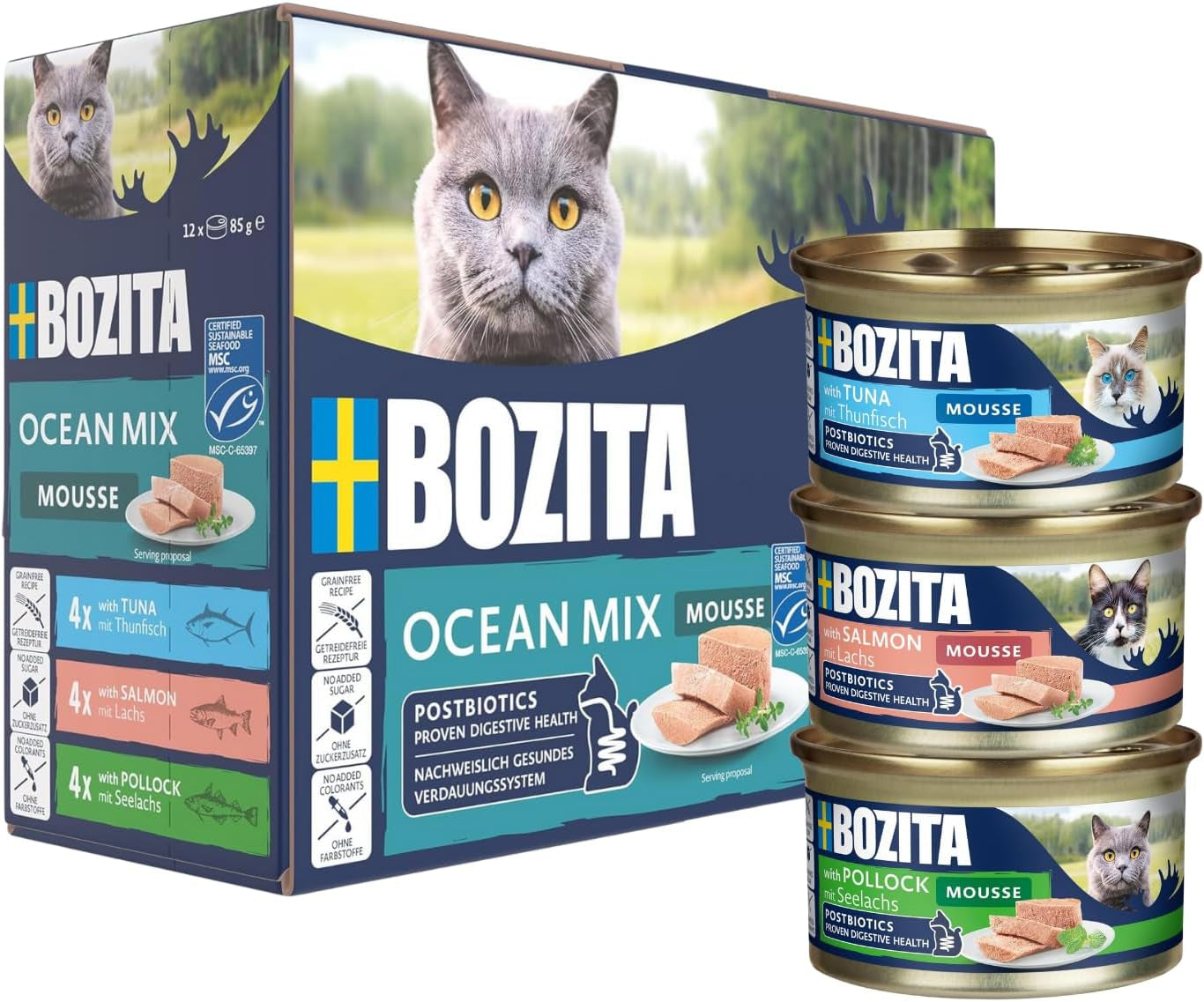 Bozita Mousse Ocean Mix - 12 x 85g mokra karma dla kotów z tuńczykiem, łososiem lub żółtym dorszem - bez zbóż, bez cukru i sztucznych barwników - z postbiotykami dla zdrowej flory jelitowej