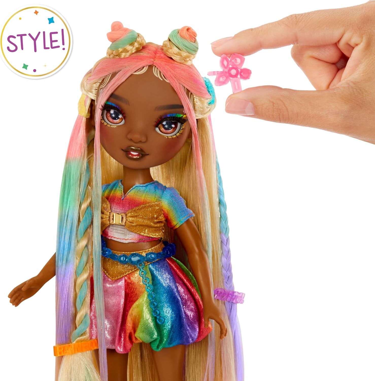 Lalka Rainbow High Hair Chalk & Styling - Meline - 28 cm tęczowa i złota zmywalna lalka kredowa do włosów, kolorowanie, stylizacja, zabawa, płukanie i powtarzanie, dla dzieci w wieku 4-12 lat