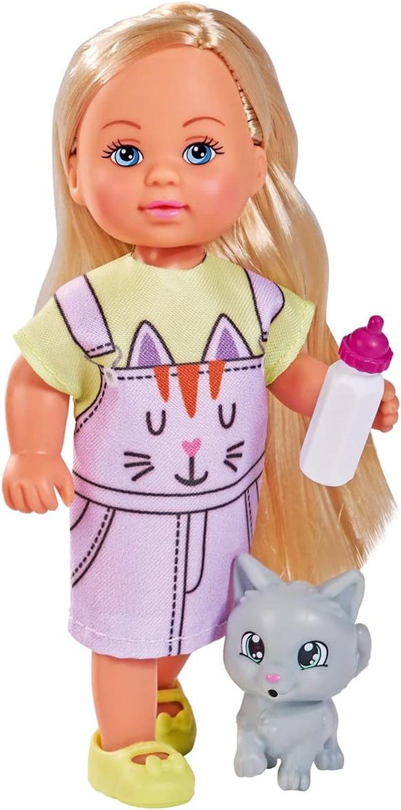 Simba 105733591 - Evi Love Kitty 2 sposoby dopasowania tylko 1 przedmiot zostanie wysłany Lalka w uroczej sukience dla kota z kociętami i butelką do picia 12 cm Lalka do zabawy Wiek 3+