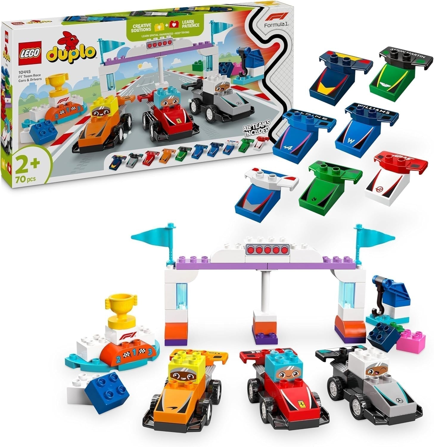 Samochody wyścigowe LEGO DUPLO Town F1 Team z wyścigowcami, zabawka do budowania dla całej rodziny, pomysłowa zabawa, prezent urodzinowy dla małych dzieci, chłopców i dziewcząt w wieku 2 lat 10445 Zestawy do budowania Besuche den LEGO-Store Default Title