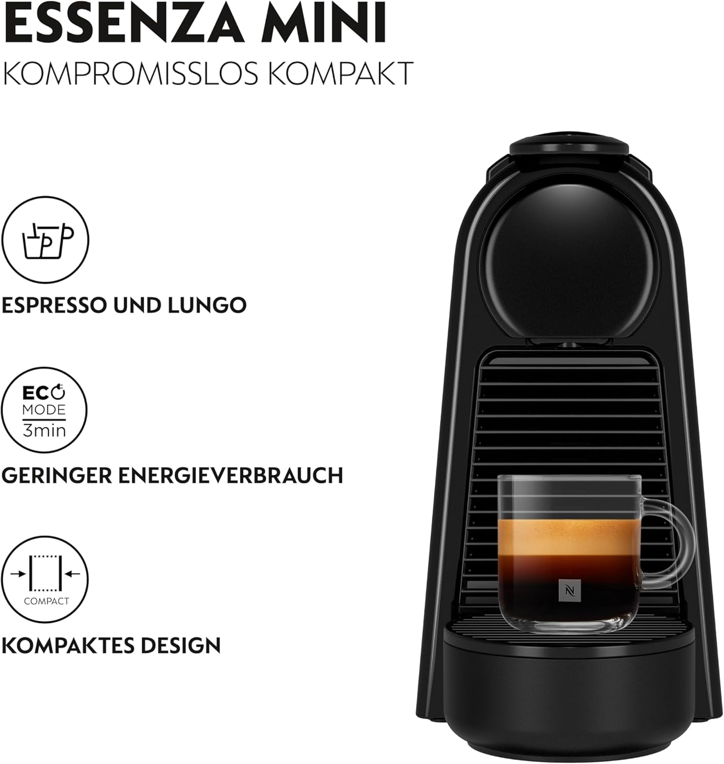 Ekspres do kawy z kapsułkami Nespresso De'Longhi Essenza Mini, czarny | Ciśnienie pompy 19 bar | Zbiornik na wodę 0,6 l | Do espresso i Lungo | Mały ekspres do kawy – wspaniałe chwile przy kawie | EN85.B