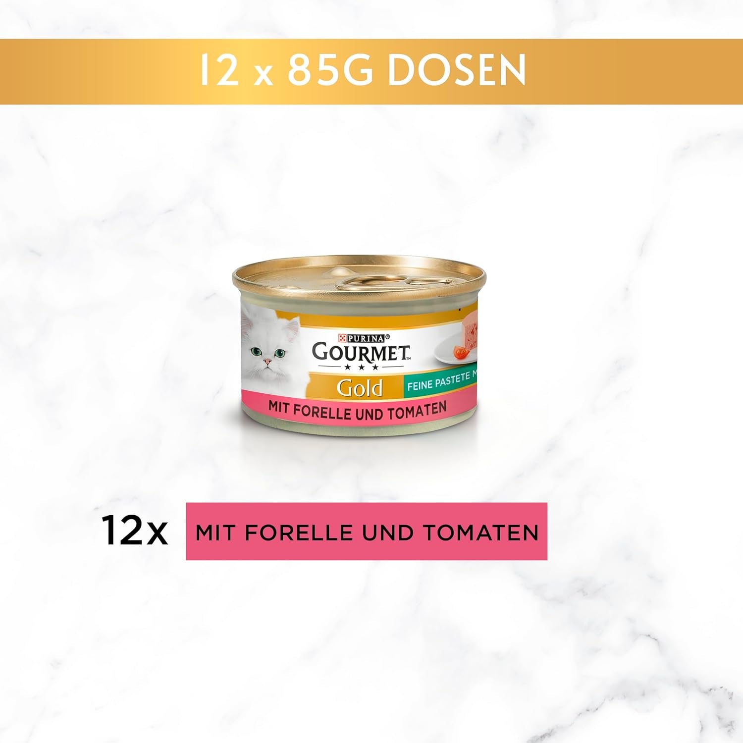 Fine Pate Gourmet Gold z warzywami, mokra karma dla kotów z pstrągiem i pomidorami, opakowanie 12 szt. (12 x 85 g)