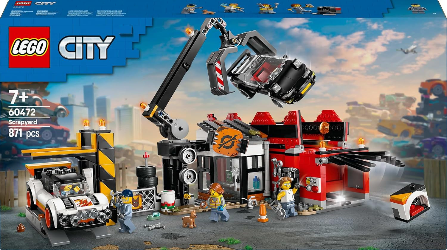 LEGO City złomowisko z samochodami — zabawka z prasą do złomu i dźwigiem, 2 samochodziki, 4 działające minifigurki i budynek biurowy — prezenty urodzinowe dla chłopców i dziewcząt od 8 lat 60472 Zestawy do budowania Besuche den LEGO-Store