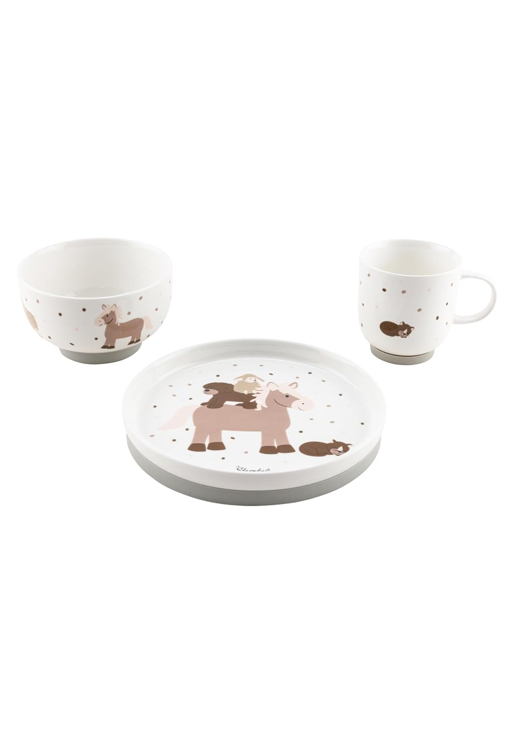 Sterntaler Porcelanowy zestaw obiadowy Rustykalny design - antypoślizgowy i zdejmowany silikonowy zestaw naczyń obiadowych - Naczynia dla niemowląt i dzieci z talerzem, miską 400 ml i kubkiem 200 ml, biały