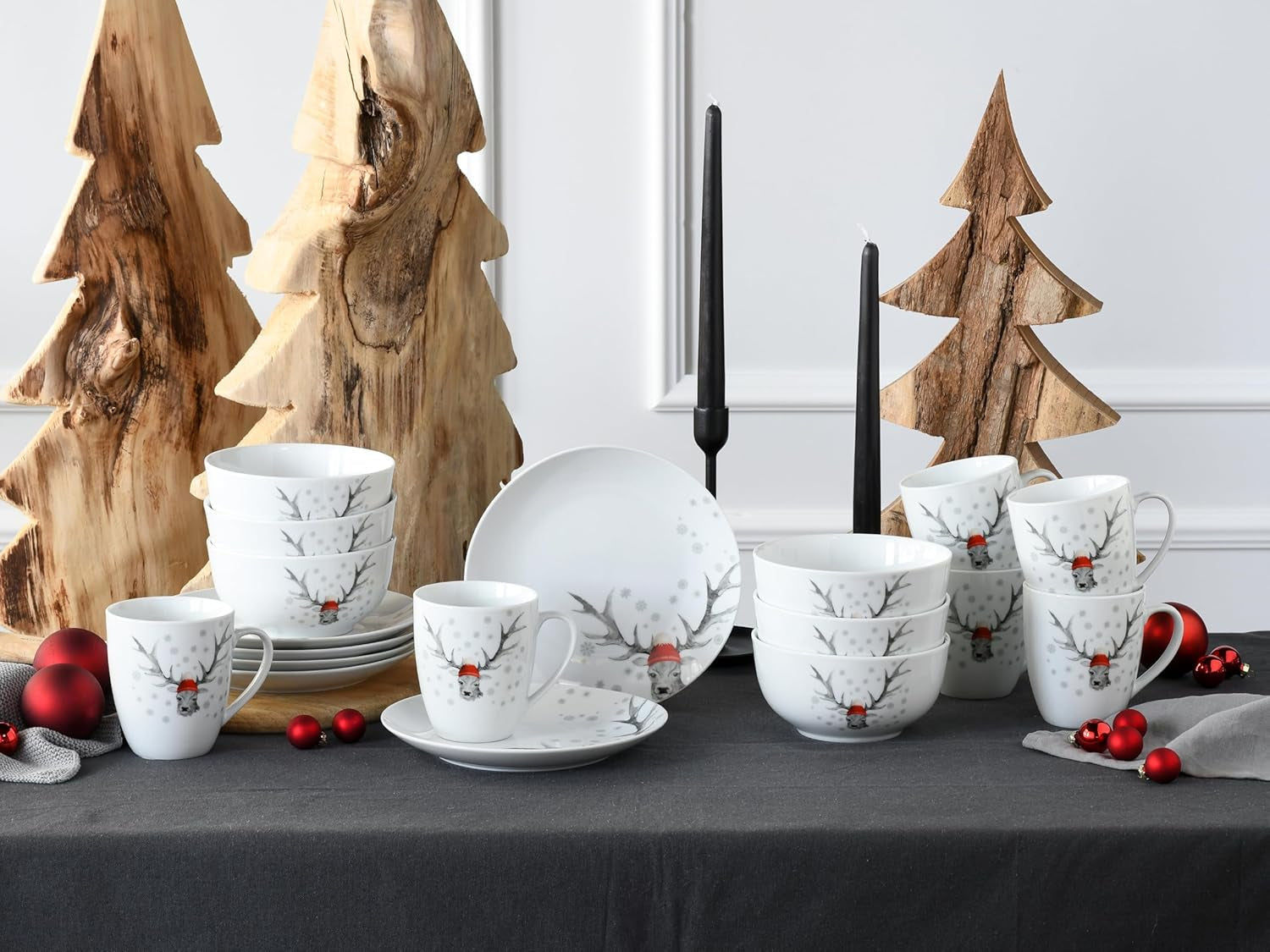 CreaTable, 21498, seria Luna Hirsch, 18-częściowy zestaw naczyń obiadowych dla 6 osób, porcelanowy zestaw śniadaniowy, można myć w zmywarce i używać w kuchence mikrofalowej, jakość produkcji