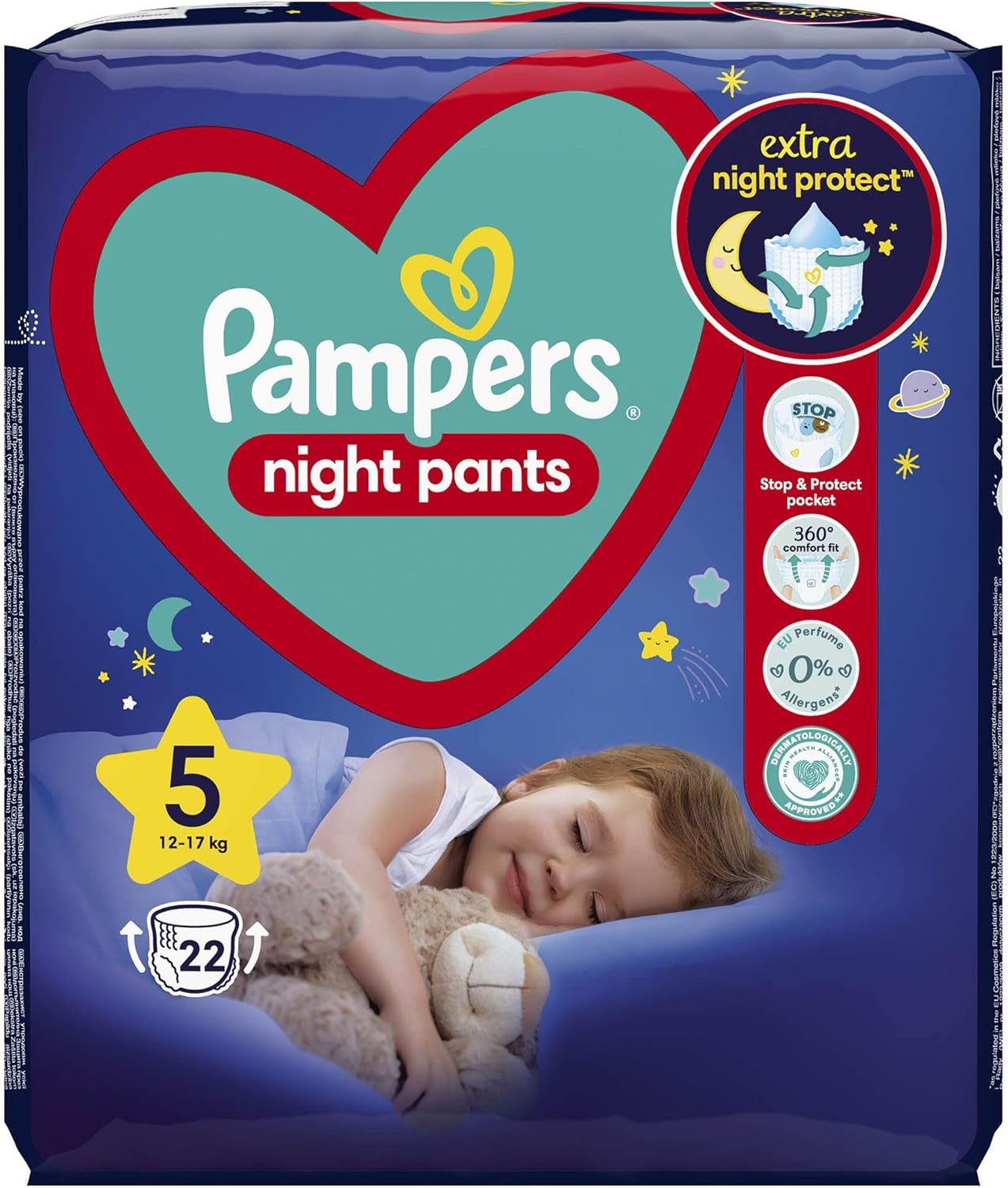 Pieluszki Pampers (stara wersja), spodnie nocne, rozmiar 5, 22 sztuki, 12kg-17kg