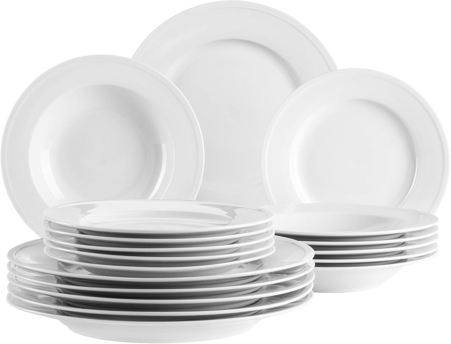 MĘSER Arlona 18-częściowy porcelanowy zestaw obiadowy dla 6 osób, ponadczasowy i elegancki, biały