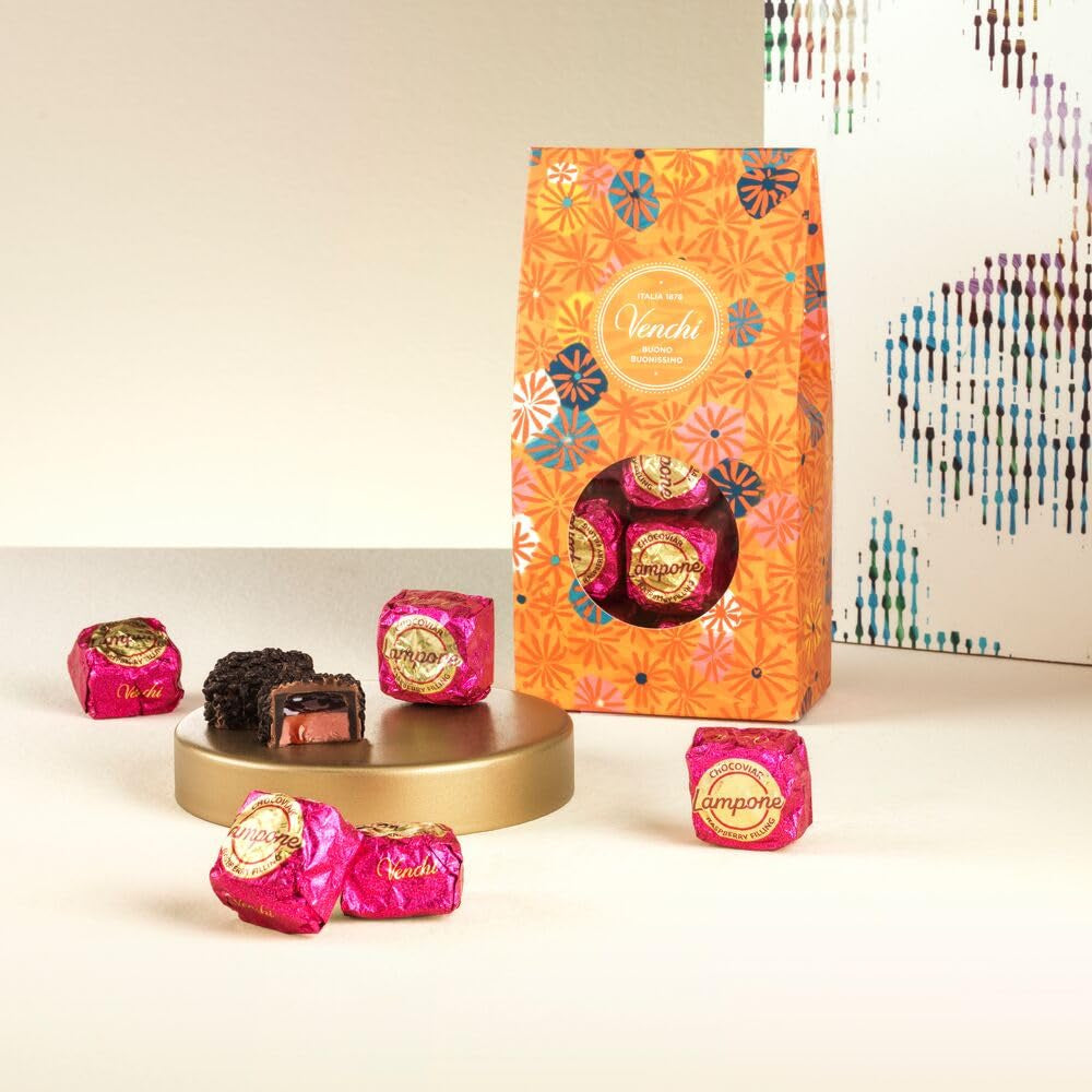 Venchi - Pudełko prezentowe z pralinkami Murrine Chocolate Raspberry, ciemna czekolada, 288g, bezglutenowe, bez sztucznych barwników, bez konserwantów - idealny pomysł na prezent