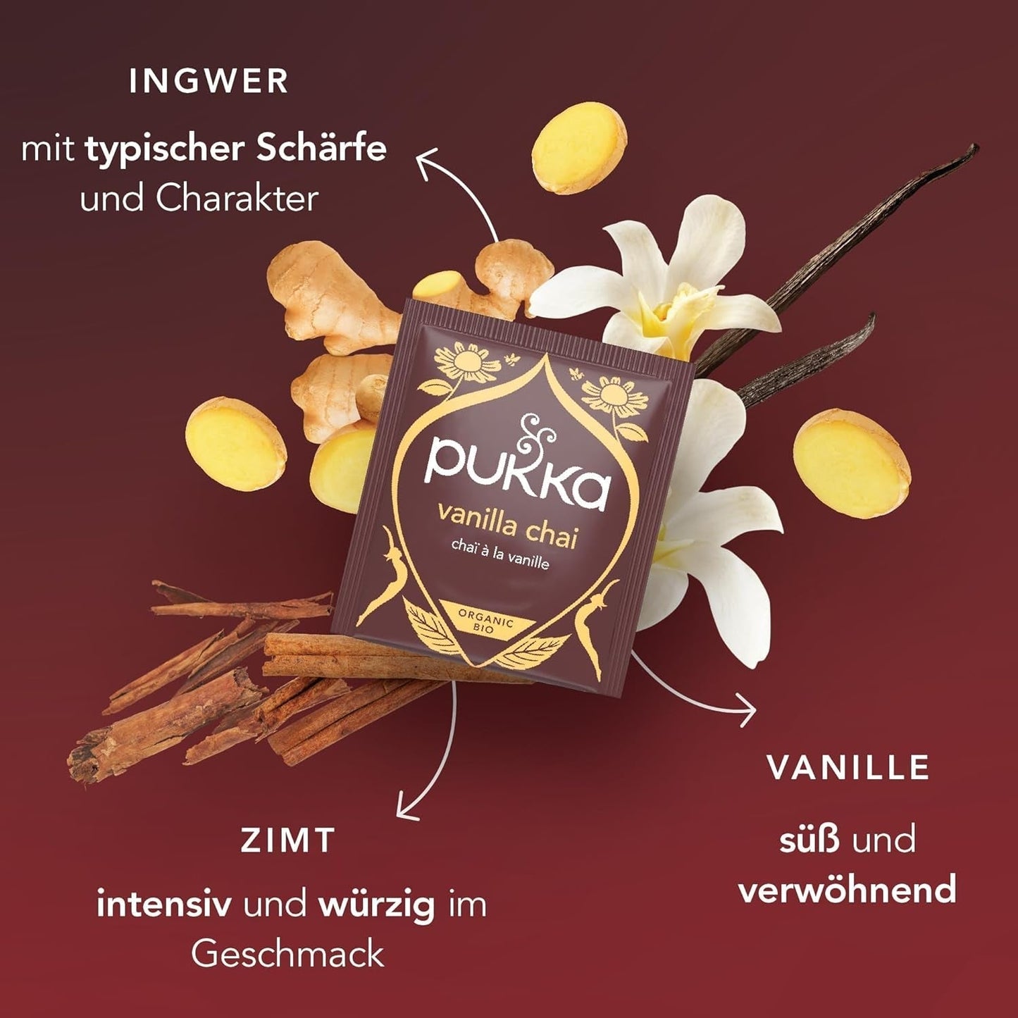 Pukka | Mieszanka organicznych herbat smakowych „Vanilla Chai” | Cynamon, imbir i wanilia | Herbata na poczęstunek z naturalną słodyczą | Opakowanie 1 | 20 torebek herbaty
