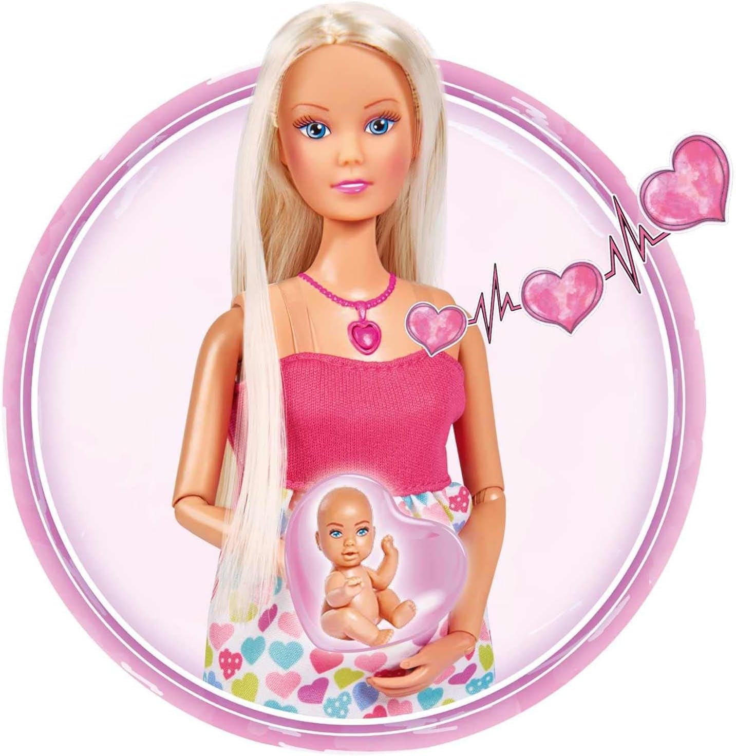 Simba 105733480 - Plecak dziecięcy Steffi Love, lalka w ciąży z dzieckiem i wspaniałymi dźwiękami, akcesoria dla dzieci i nosidełko, różowe lalki Naty Shop