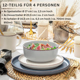SĘNGER Bombaj Światło księżyca | 12-częściowy zestaw ceramicznych naczyń obiadowych na 4, 4 talerze obiadowe, 4 talerze deserowe, 4 miski, różne kolory | KOLEKCJA WARTOŚCIOWA