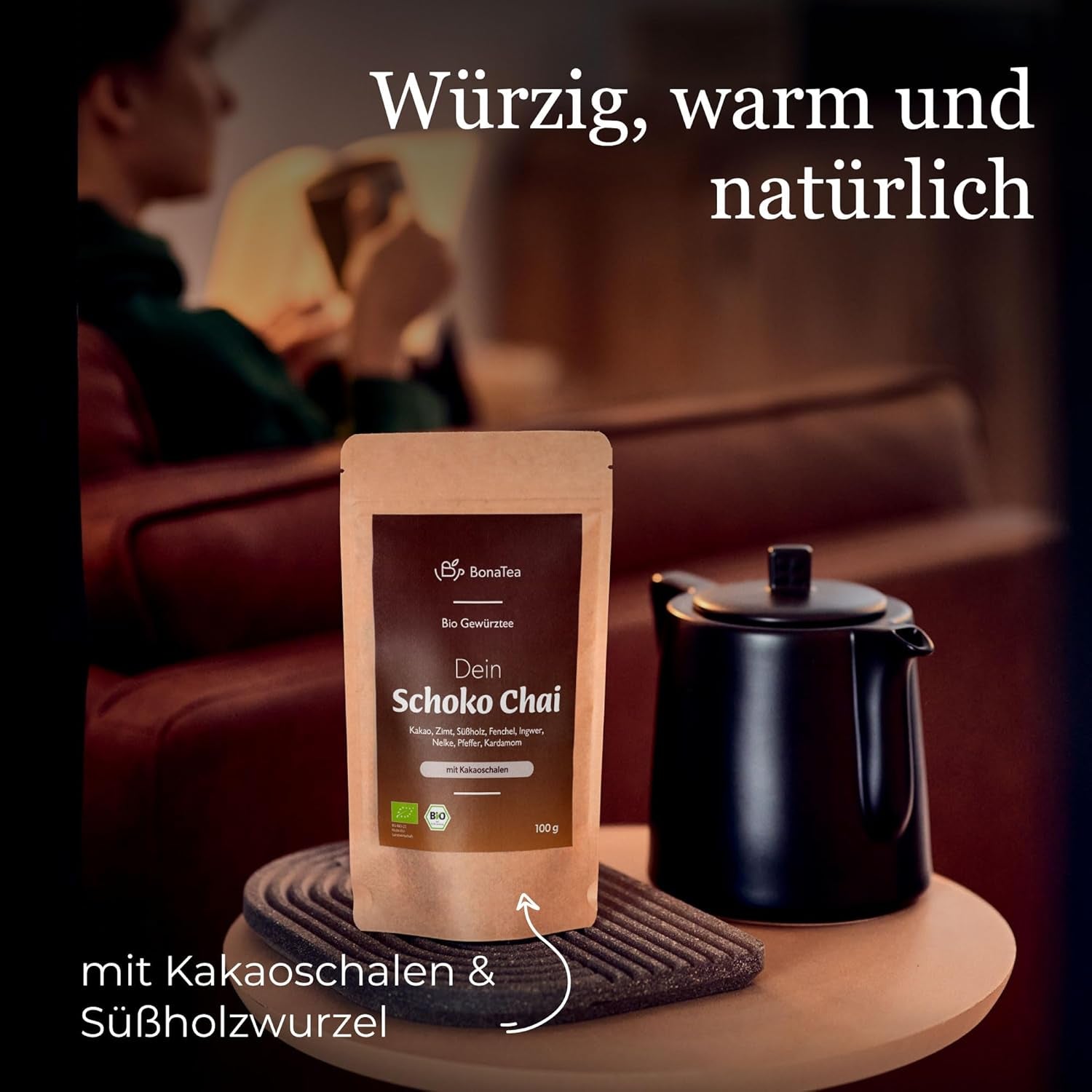 BIO Schoko Chai Herbata przyprawiona bez cukru, z ziarenkami kakao, cynamonem, lukrecją i innymi aromatycznymi przyprawami Chai, 100 g