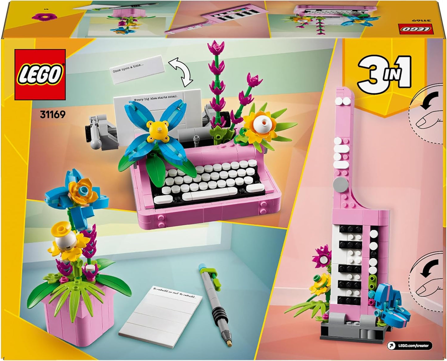 LEGO Creator Maszyna do pisania 3 w 1 z kwiatami - zabawkę można przekształcić w model Keytara lub w doniczkę z notatnikiem i długopisem - zestaw do budowania - prezent dla dziewcząt i chłopców od 8 lat 31169 Zestawy do budowania Besuche den LEGO-Store