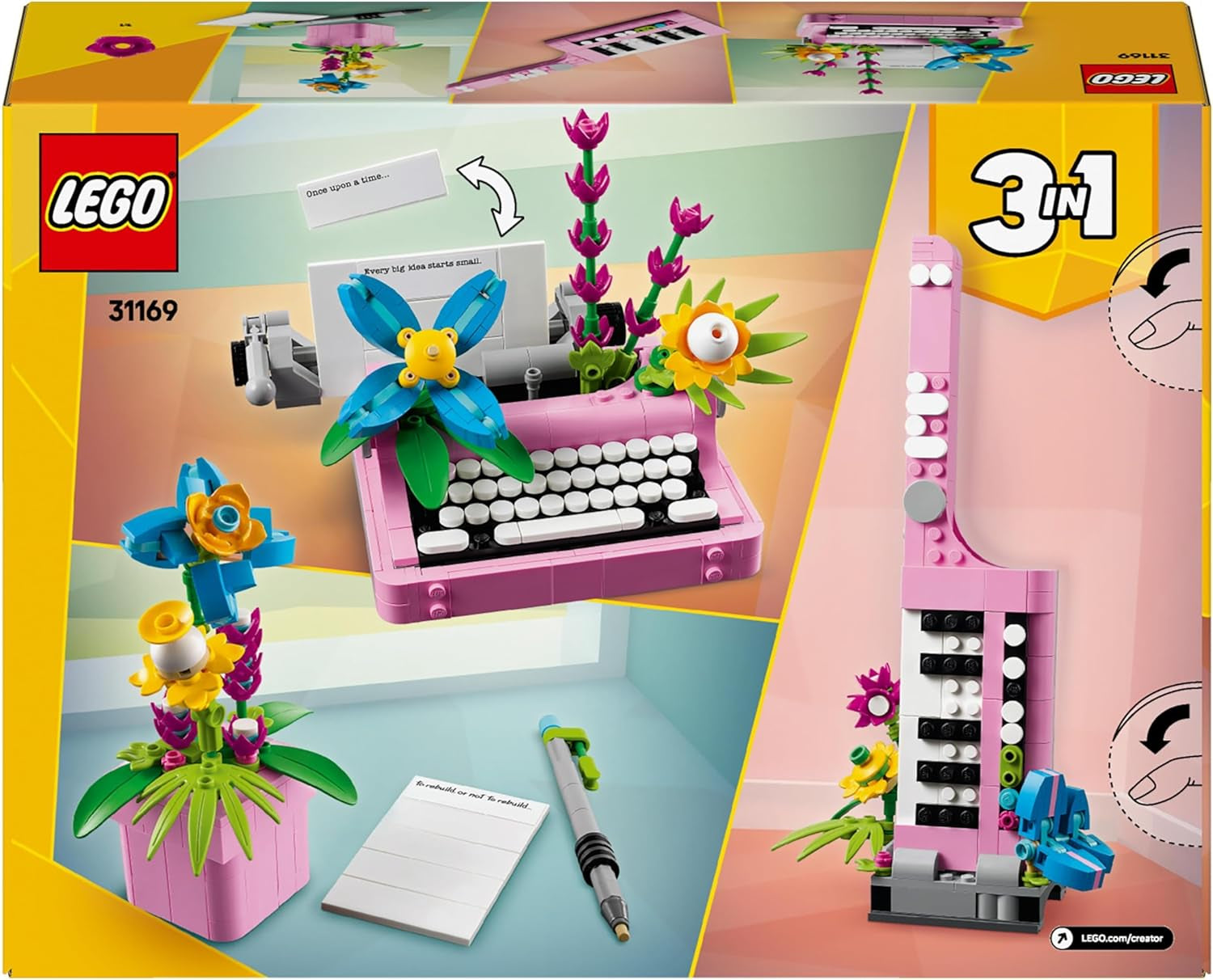 LEGO Creator Maszyna do pisania 3 w 1 z kwiatami - zabawkę można przekształcić w model Keytara lub w doniczkę z notatnikiem i długopisem - zestaw do budowania - prezent dla dziewcząt i chłopców od 8 lat 31169 Zestawy do budowania Besuche den LEGO-Store