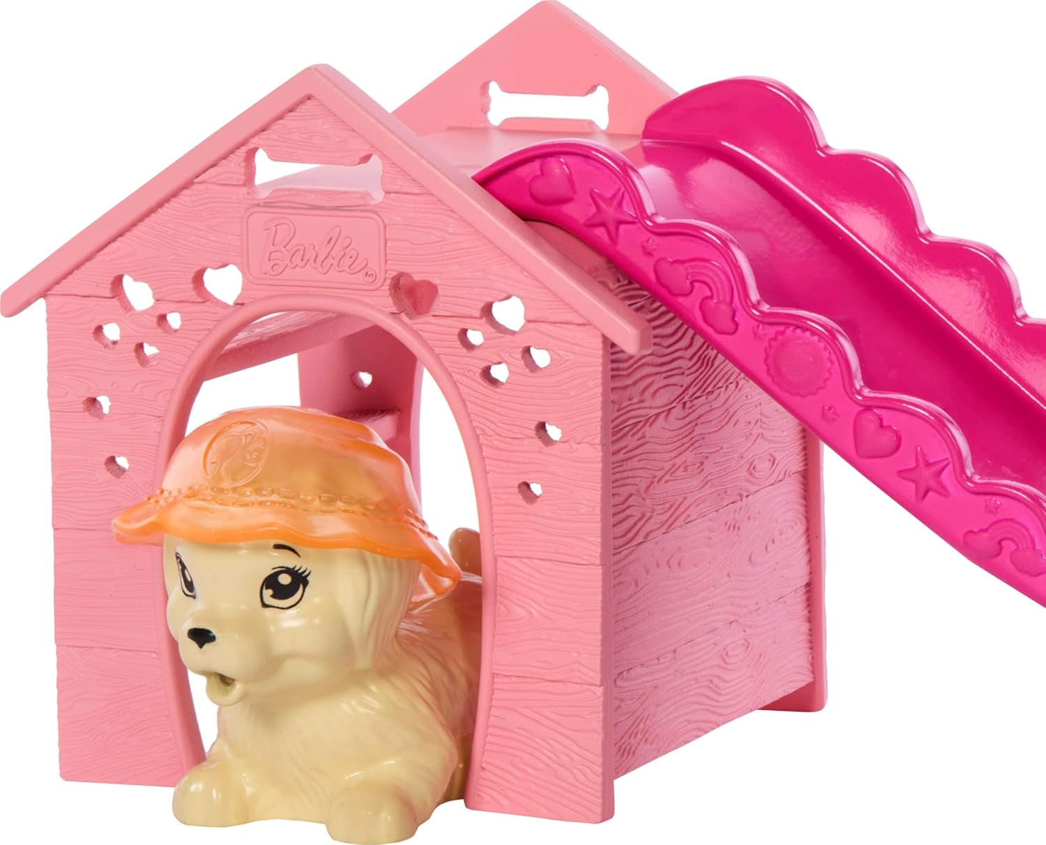 Zestaw Barbie dla szczeniąt na basenie z lalką modową, budką dla psa i zjeżdżalnią, basenem w kształcie serca, 2 figurkami psów, 6 akcesoriami i zmieniaczem kolorów, JBF35