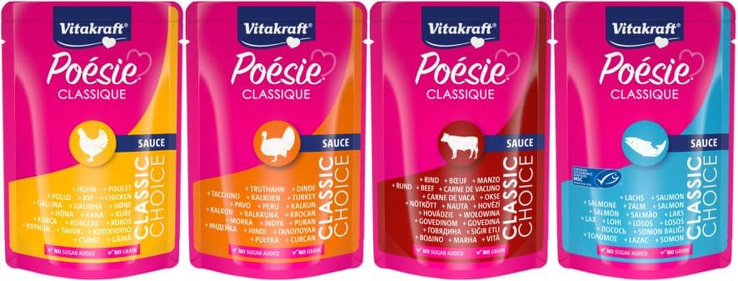 Vitakraft Poésie Classique, mokra karma dla kota, karma dla kota w sosie, z kurczakiem, z indykiem, z wołowiną, z łososiem, bez dodatku cukru i zbóż (1 opakowanie 12 x 85g)