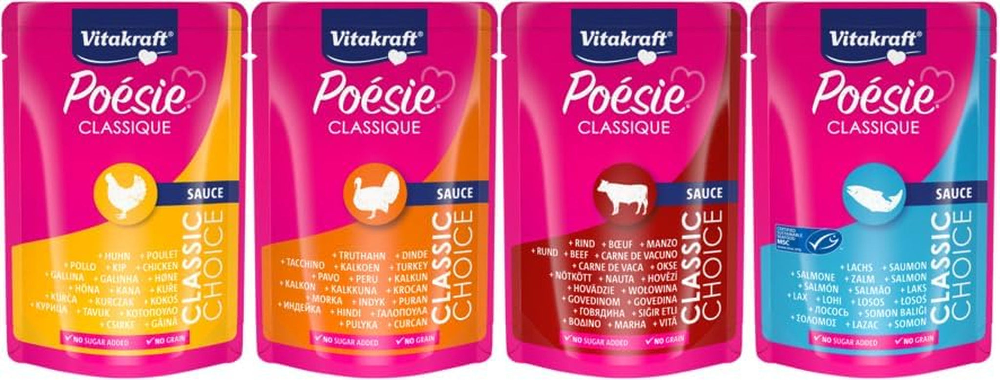 Vitakraft Poésie Classique, mokra karma dla kota, karma dla kota w sosie, z kurczakiem, z indykiem, z wołowiną, z łososiem, bez dodatku cukru i zbóż (1 opakowanie 12 x 85g)