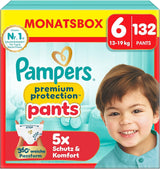 Spodnie Pampers Premium Protection rozmiar 5, 144 pieluszki, 11 kg - 17 kg, z regulacją 360° i miękkimi mankietami zapobiegającymi wyciekaniu dla optymalnego komfortu i ochrony
