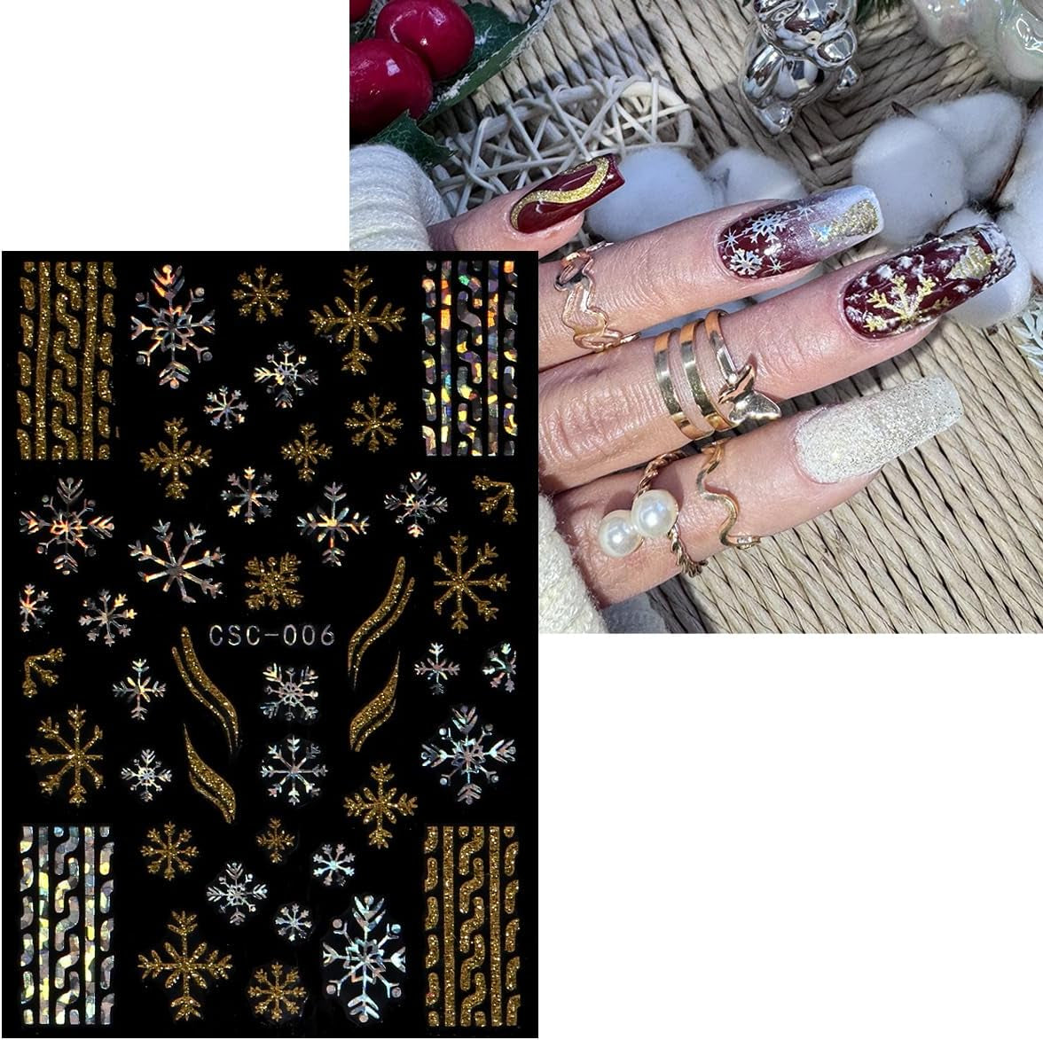 JMEOWIO Nagelsticker Weihnachten Gold Glitter Silber 8 Blatt Nail Art Naklejka Selbstklebend Nagelaufkleber Schneeflocke Winterurlaub Dekoration Nageldesign Zubehör