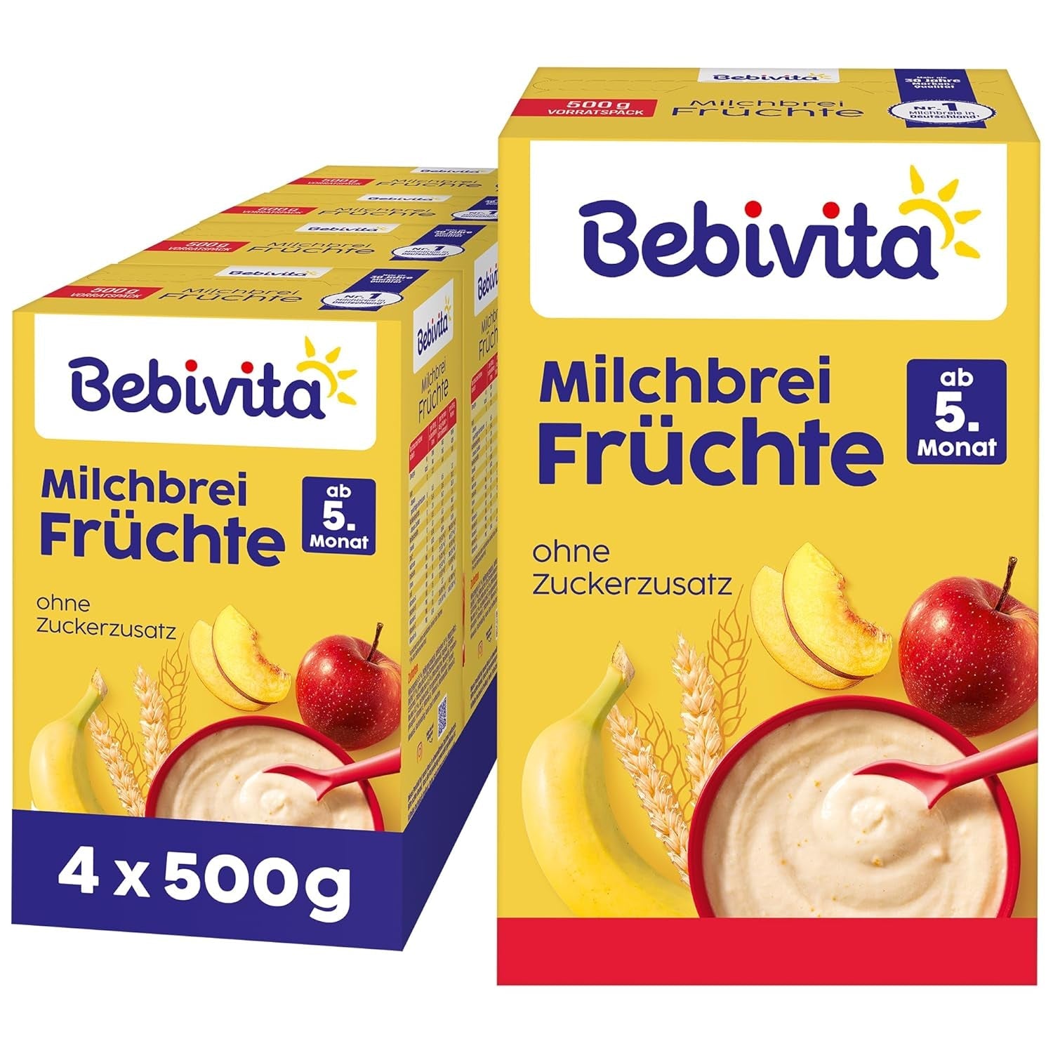 Kaszka mleczna z owocami (4x500g), od 5 miesiąca życia, bez dodatku cukru, z cennymi minerałami i witaminami, bardzo sycąca