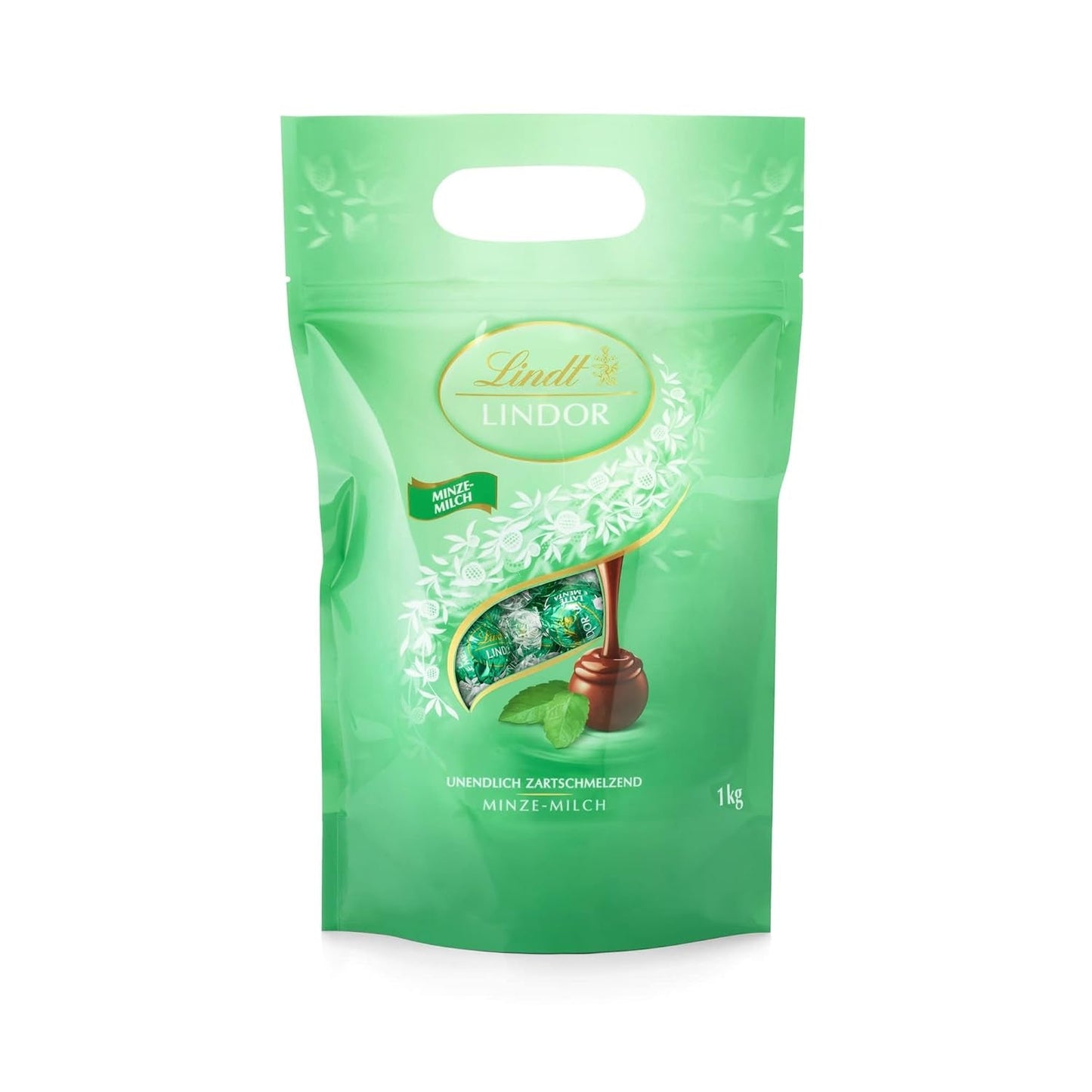 Kulki czekoladowe LINDOR | 1 kg zamykana torebka | ok. 80 kulek z mlecznej czekolady z nadzieniem miętowym | Opakowanie zbiorcze i kulki czekoladowe LINDOR Solony Karmel