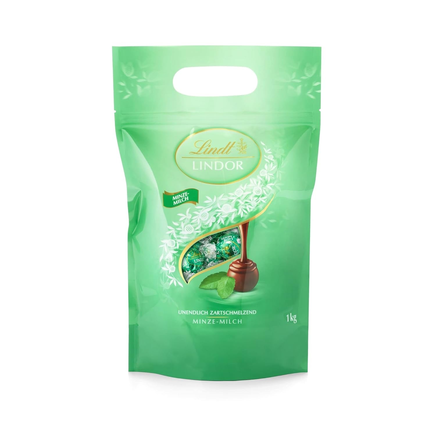 Kulki czekoladowe LINDOR | 1 kg zamykana torebka | ok. 80 kulek z mlecznej czekolady z nadzieniem miętowym | Opakowanie zbiorcze i kulki czekoladowe LINDOR Solony Karmel