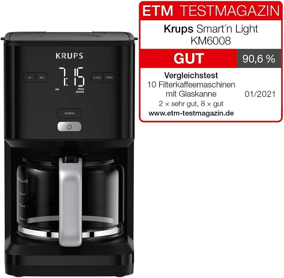 Ekspres do kawy Krups Smart'n Light z timerem, na 1,25 litra kawy filtrowanej, funkcja utrzymywania ciepła, automatyczne wyłączanie, czarny, KM600810