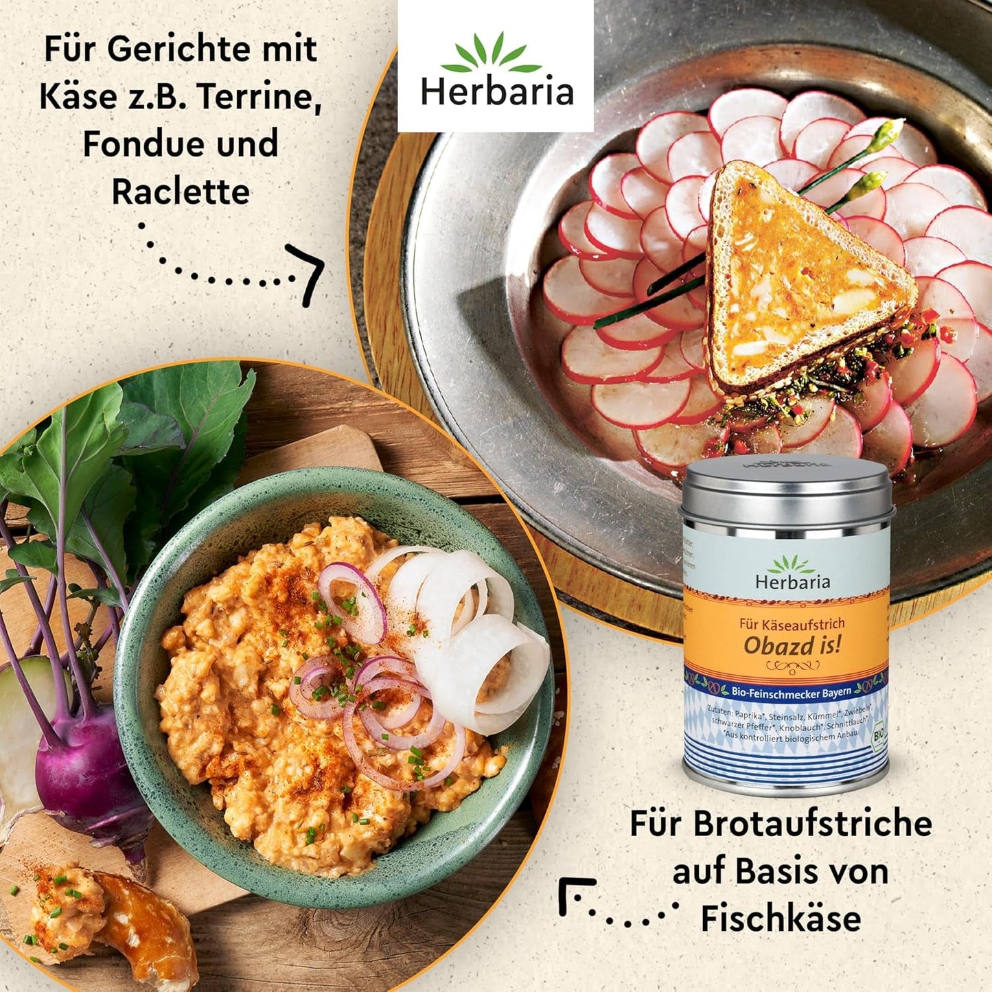 Herbaria Obazd jest! bio 90g M-Dose – Bio-Gewürzmischung bayerischen Biergartenklassiker Obazda – dla Brotaufstriche, Käsegerichte, Käsefondue – Raclette Gewürz - w nachhaltiger Aromaschutz-Dose
