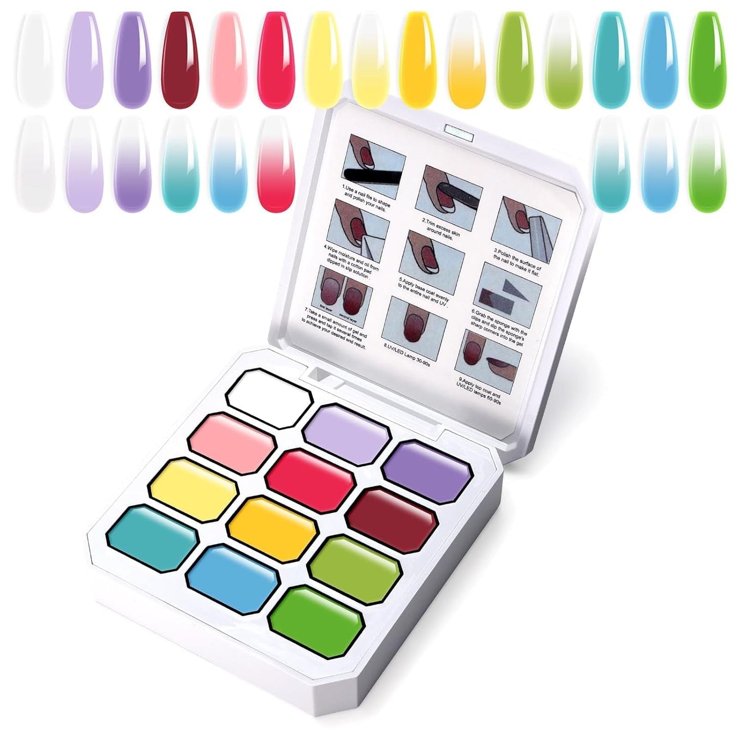 Żel do malowania gradientowego, 12 kolorów Ombre żelowy lakier do paznokci z 100 szt. Gąbeczek do paznokci i 4 pazurami Metalowy chwytak do francuskiego manicure DIY Nail Art, zestaw I