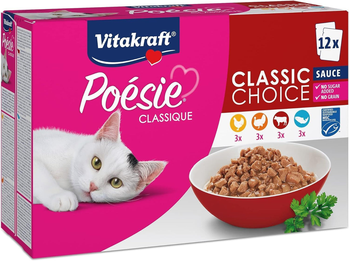 Vitakraft Poésie Classique, mokra karma dla kota, karma dla kota w sosie, z kurczakiem, z indykiem, z wołowiną, z łososiem, bez dodatku cukru i zbóż (1 opakowanie 12 x 85g)