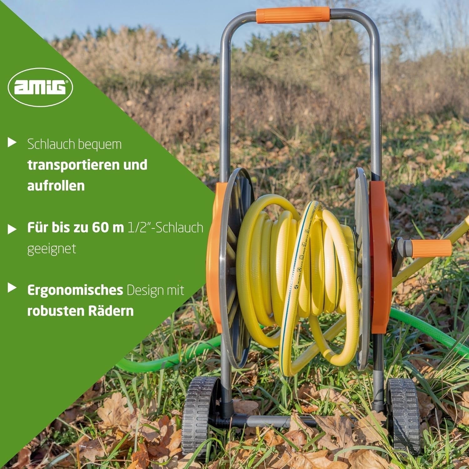 Amig - Bęben na wąż | do węży 1/2" | maks. 60 m w rolce | z korbą ułatwiającą nawijanie | polipropylen | pomarańczowy i szary