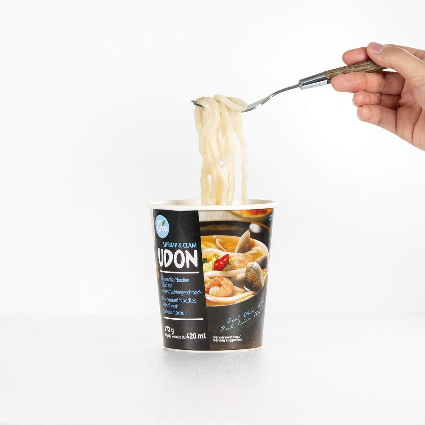 Allgroo Udon Cup Instant Noodles - Aromatyczna pikantna zupa Udon z owocami morza - Szybkie przygotowanie (1 x 173g)