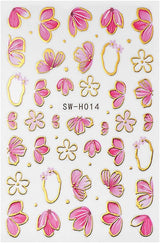Złota Linie Schieber Rosa Nagelsticker Blumen 3D Kwiatowa naklejka na paznokcie Sakura Blütenblätter Blumen Nagelaufkleber Frühling Sommer Floral Nagel Naklejka Kwiaty Nagel Naklejki Nageldesign Zubehör Nail Art