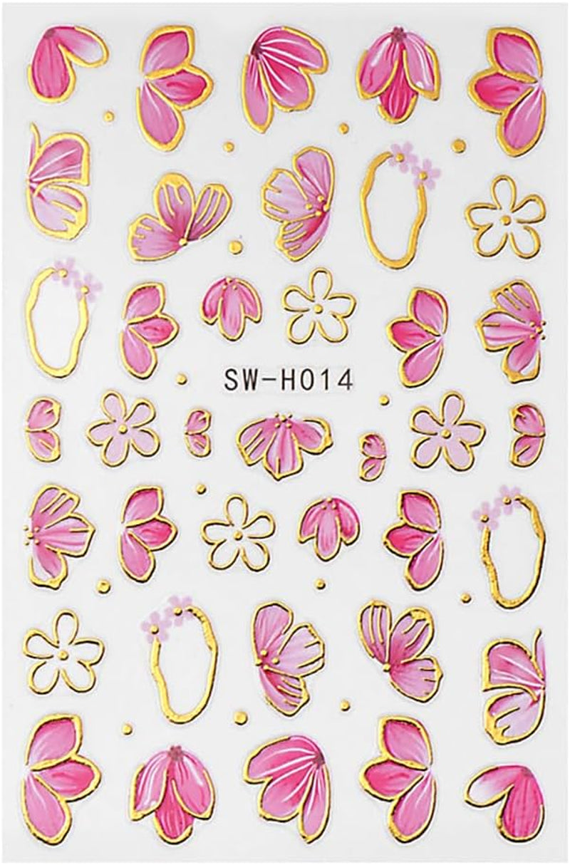 Złota Linie Schieber Rosa Nagelsticker Blumen 3D Kwiatowa naklejka na paznokcie Sakura Blütenblätter Blumen Nagelaufkleber Frühling Sommer Floral Nagel Naklejka Kwiaty Nagel Naklejki Nageldesign Zubehör Nail Art