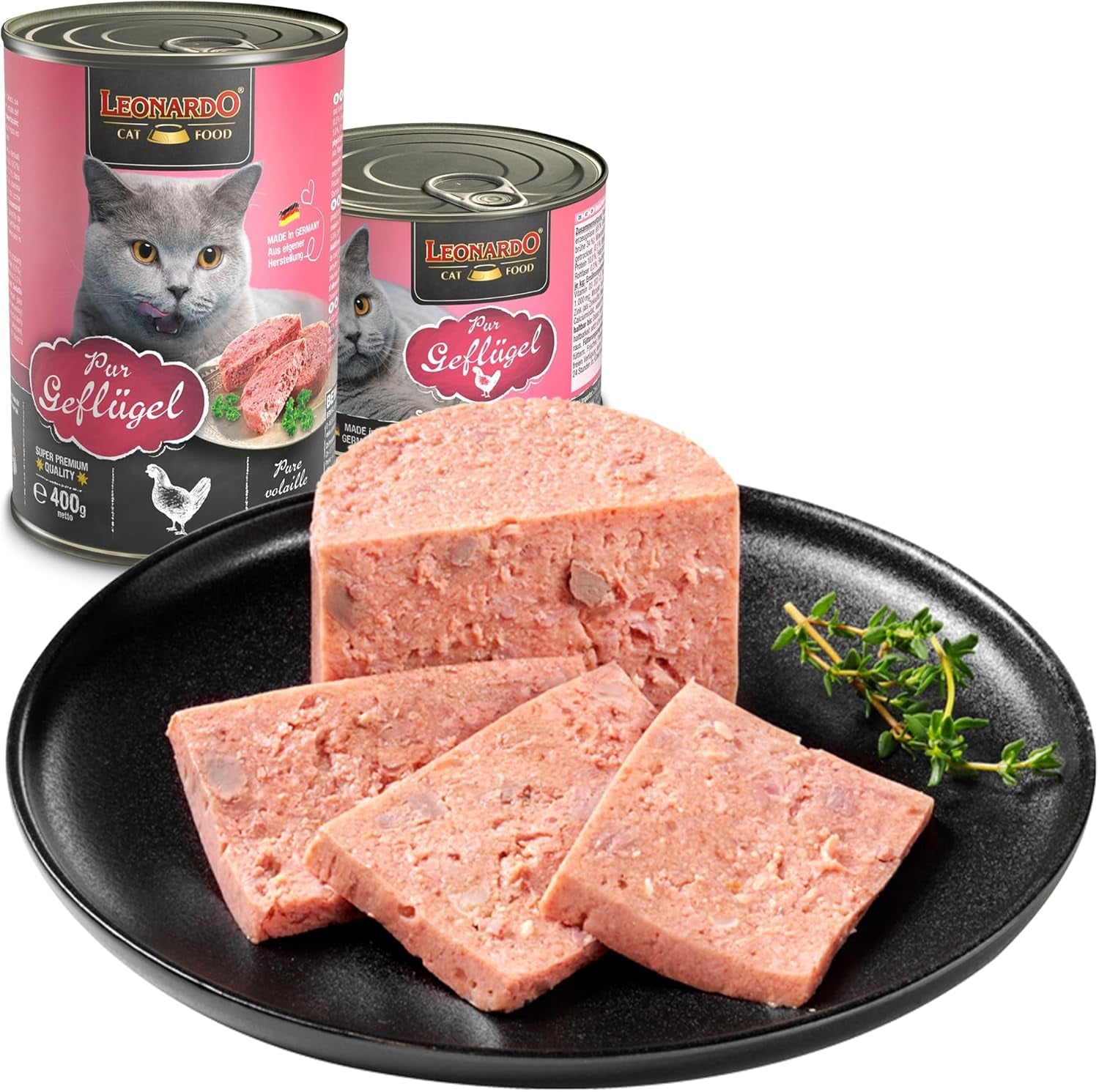 LEONARDO Nassfutter für Katzen, Geflügel pure, 6X 800g Dose, Katzenfutter getreidefrei, Alleinfutter, wyprodukowano w Niemczech