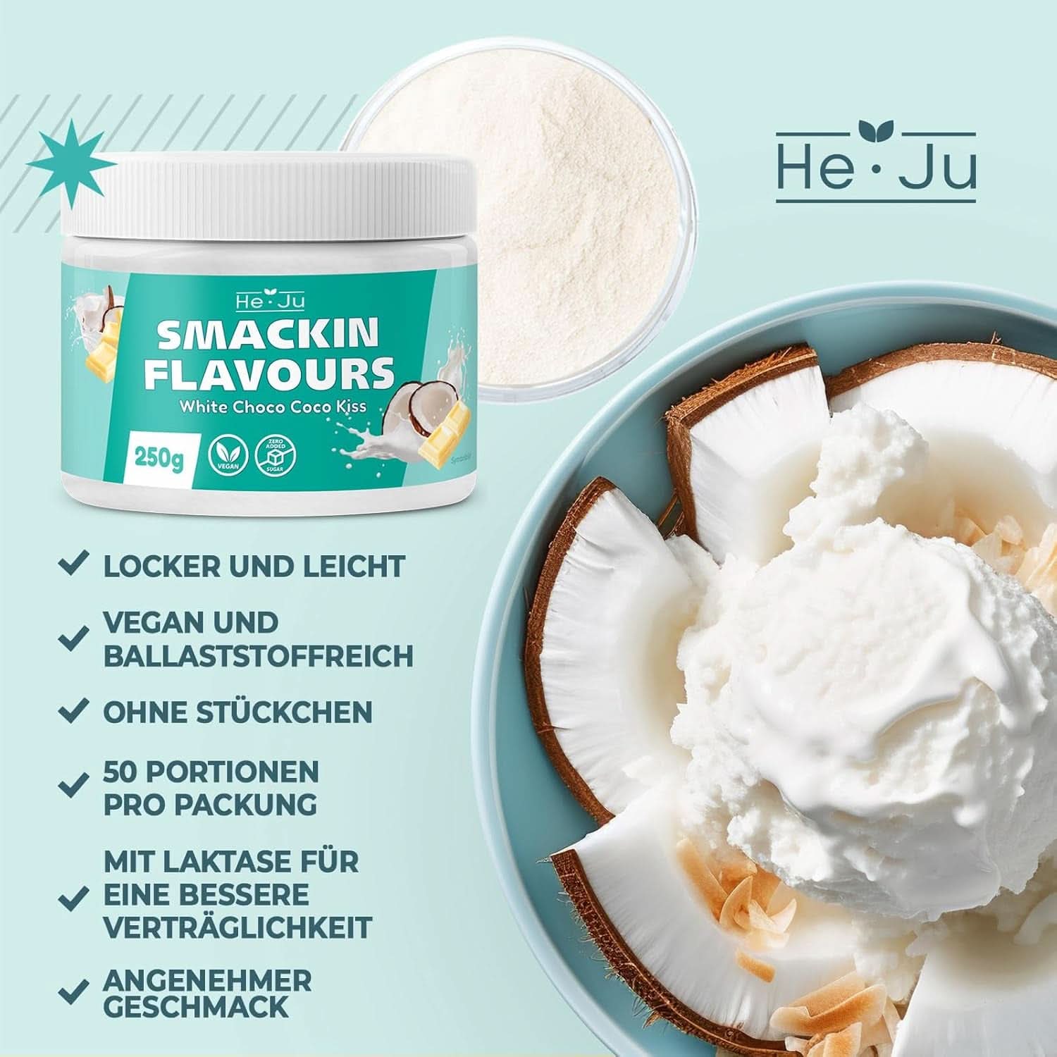 He-Ju, Proszek o smaku białej czekolady i kokosa, 250 gram Aromas Naty Shop