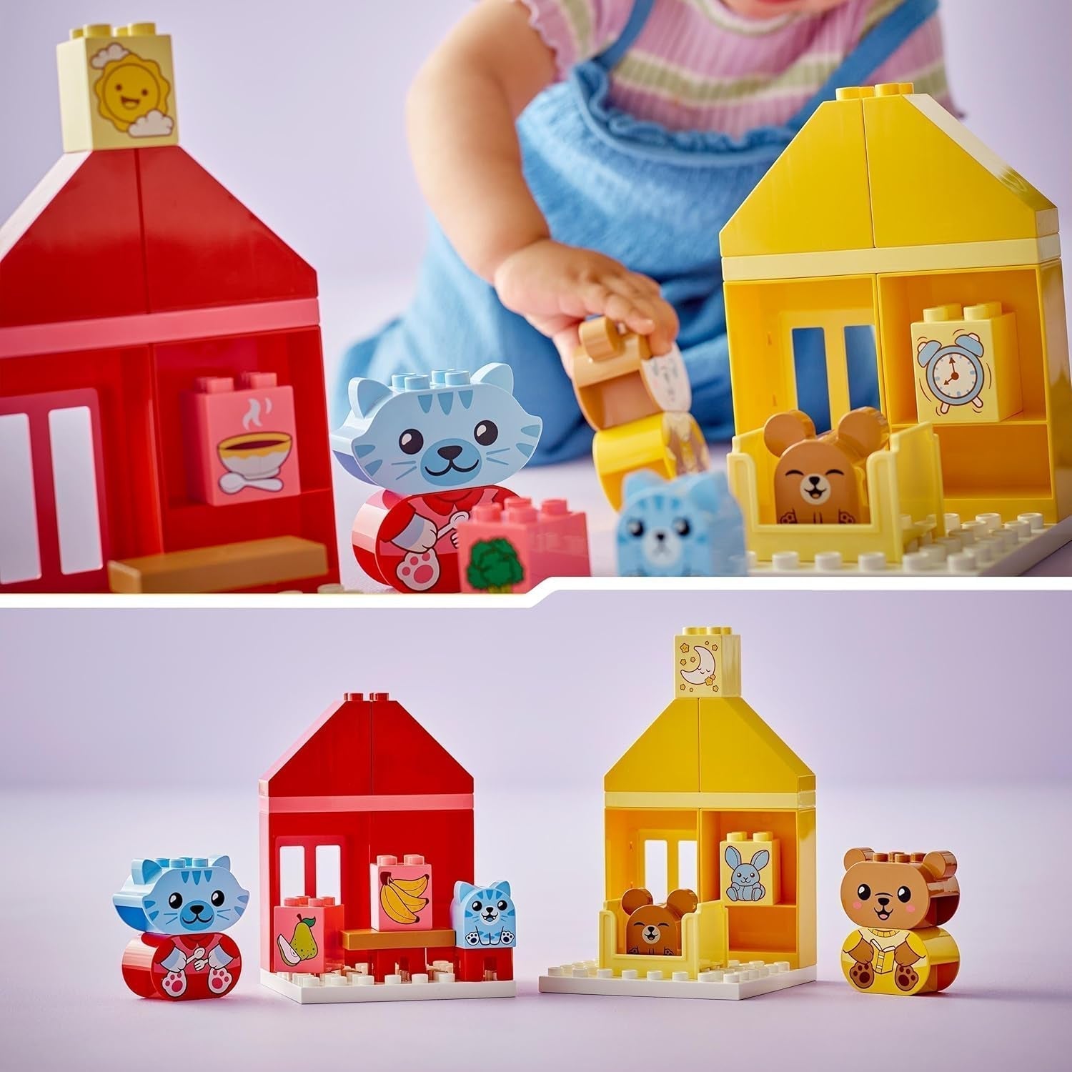 LEGO DUPLO Codzienne czynności: jedzenie i pora snu, edukacyjna zabawka dla malucha zachęcająca do rozwoju społecznego i emocjonalnego, z 4 figurkami zwierząt, prezent dla dzieci od 18. miesiąca życia 10414 Zestawy do budowania Besuche den LEGO-Store