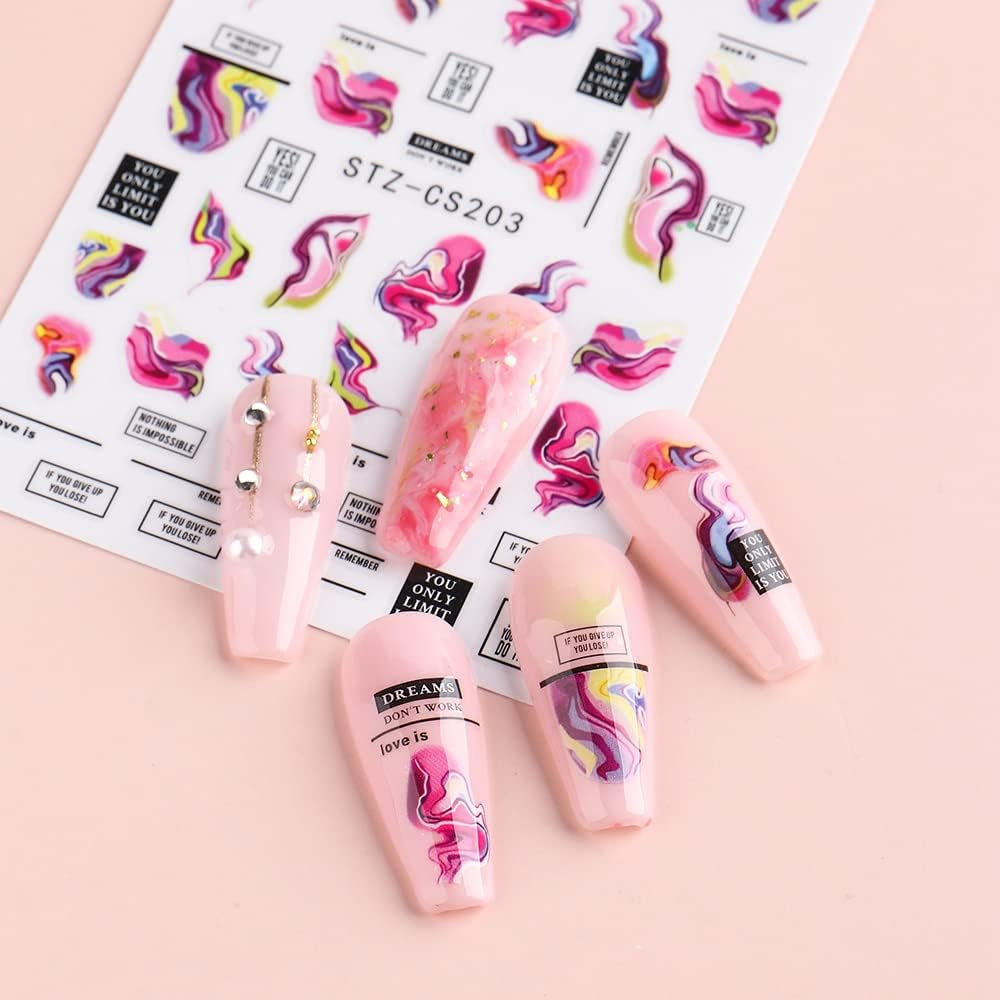 6 Blatt 3D Lila Schmetterling Nagelstickers Selbstklebend Nagelaufkleber Schmetterlinge Naklejka na paznokcie Bunte Blühen Marmor Nagel Naklejki Regenbogen Welle Linien Nail Art Aufkleber Nageldesign Zubehör