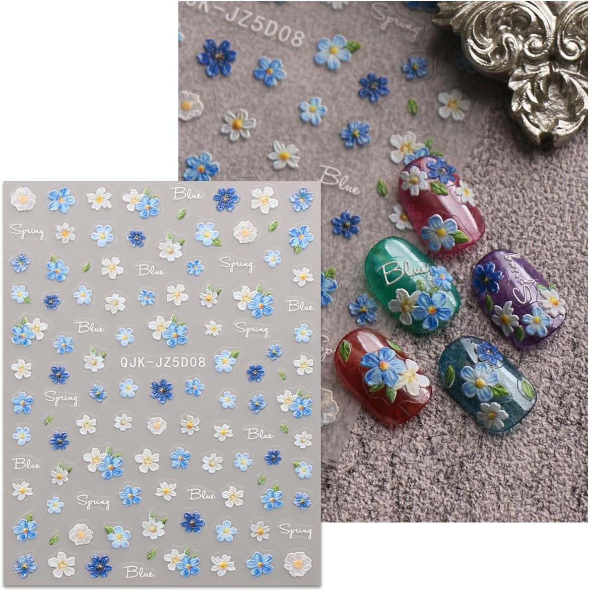 JMEOWIO 3D Nagelsticker Blumen Nail Art Naklejka Selbstklebend Nagelaufkleber 5D Stereoskopisch Frühling Sommer Blumen Dekoration Nageldesign Zubehör 4 Blatt