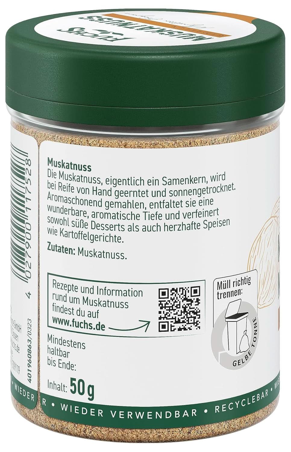 Fuchs Mielona gałka muszkatołowa, 50 gramów Przyprawy Naty Shop