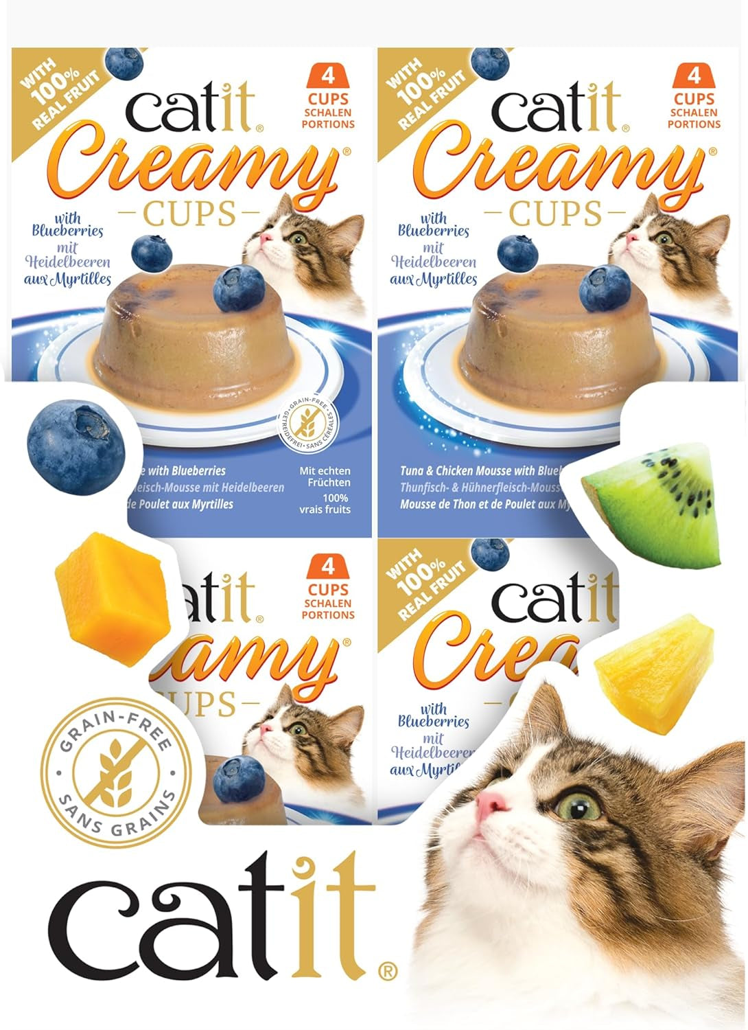 Catit Kremowe kubki, tuńczyk i kurczak z jagodami, 4x25g