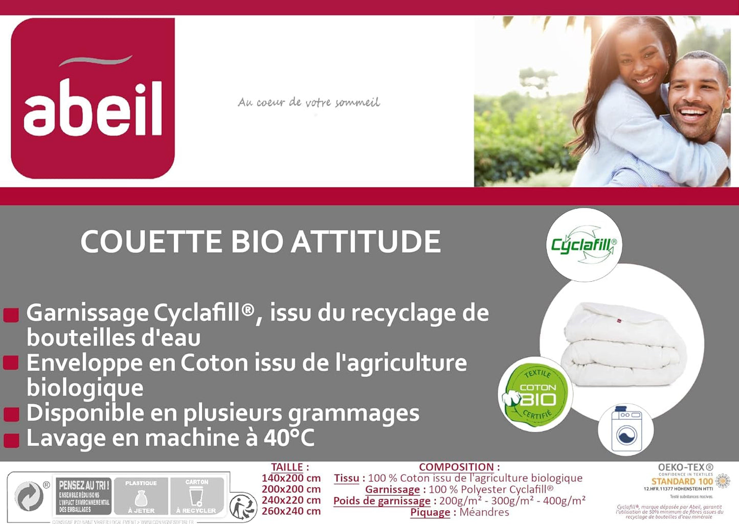 Abeil 15000000529 Kocyk, poszewka z bawełny organicznej - wypełnienie 100% poliester Cyclafill, biały, 200 x 200 cm Kołdry i kołdry Naty Shop