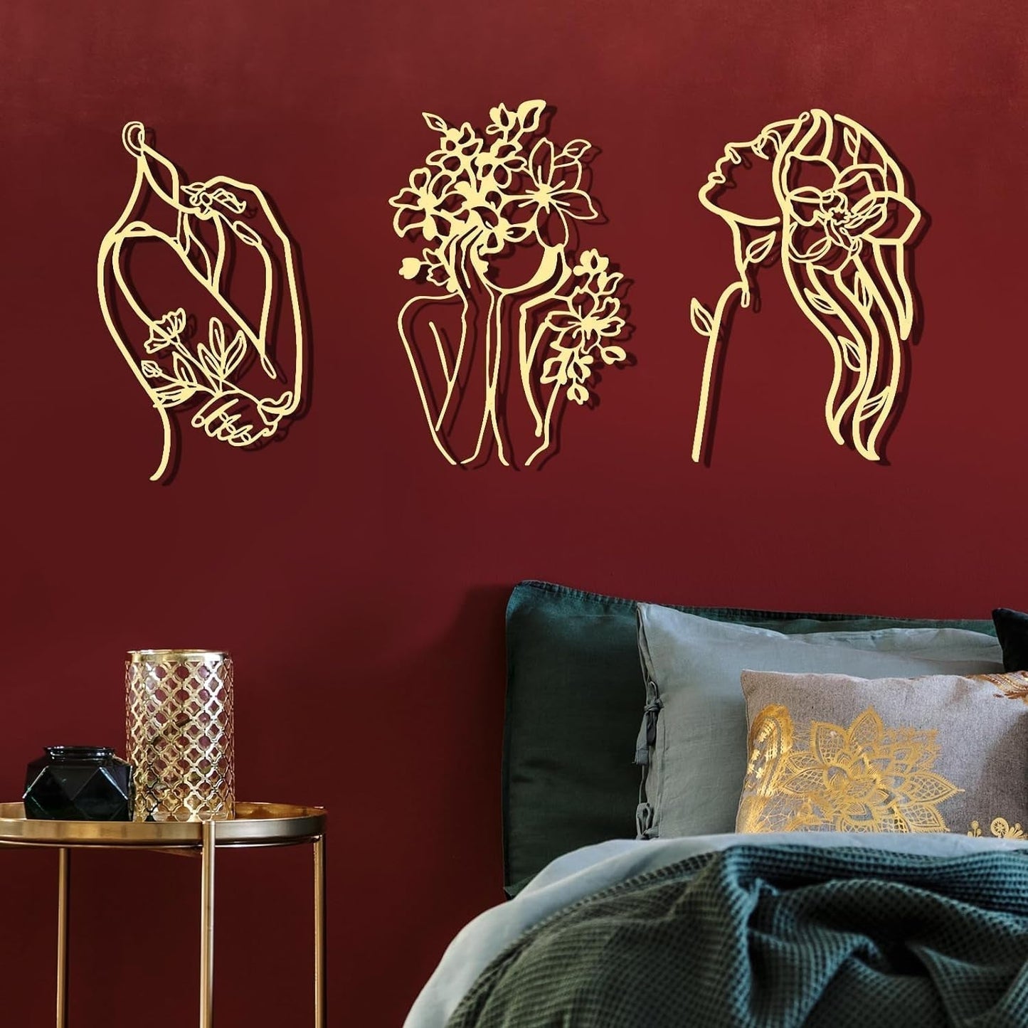 3 sztuki Metal Minimalistyczna kobieta Wall Art Deco Modern Metal Abstrakcyjna kobieta Wall Art Kobieca pojedyncza linia Rysunki do powieszenia w salonie (czarny, nowoczesny) Posążki i rzeźby Naty Shop Złoto Eleganckie
