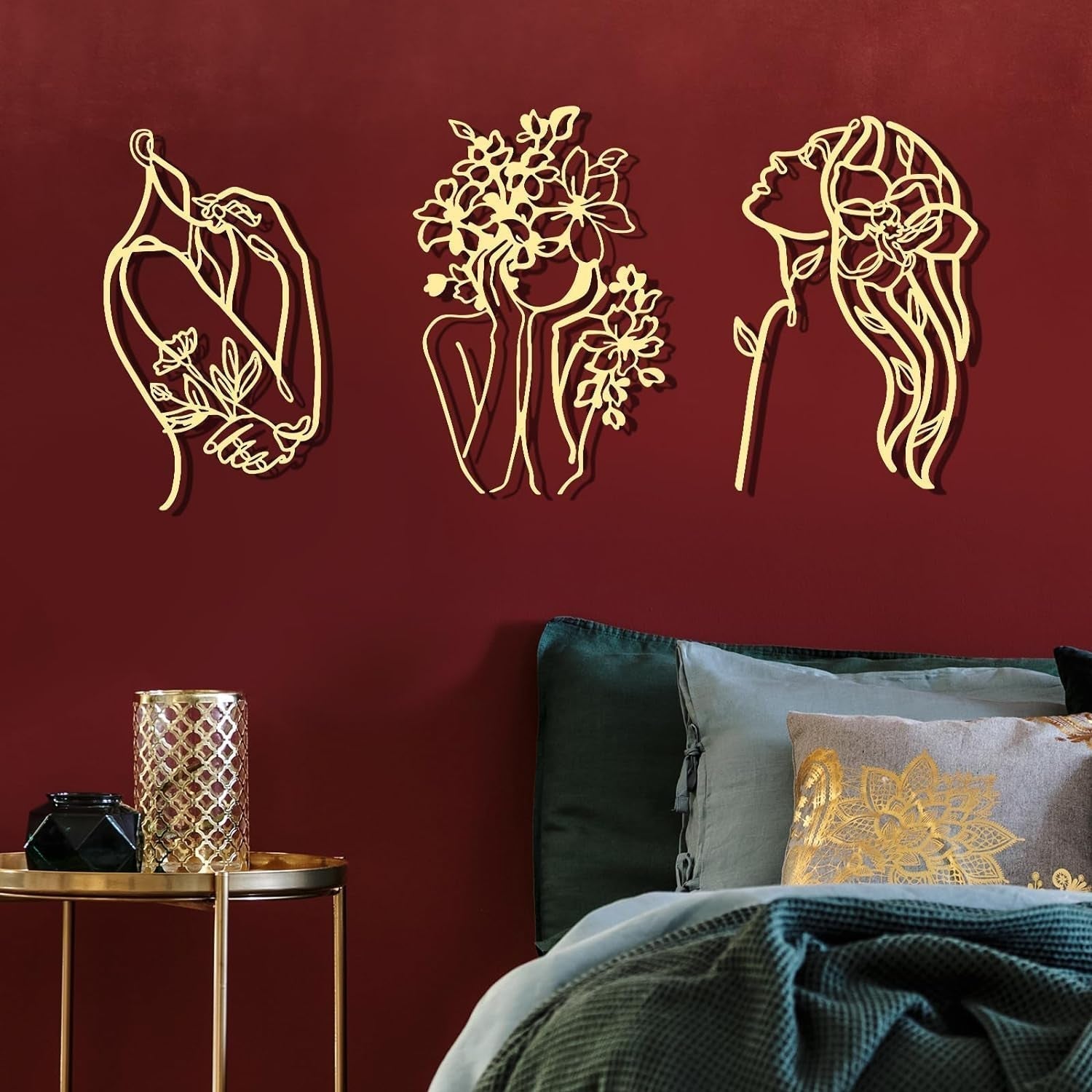 3 sztuki Metal Minimalistyczna kobieta Wall Art Deco Modern Metal Abstrakcyjna kobieta Wall Art Kobieca pojedyncza linia Rysunki do powieszenia w salonie (czarny, nowoczesny) Posążki i rzeźby Naty Shop Złoto Eleganckie